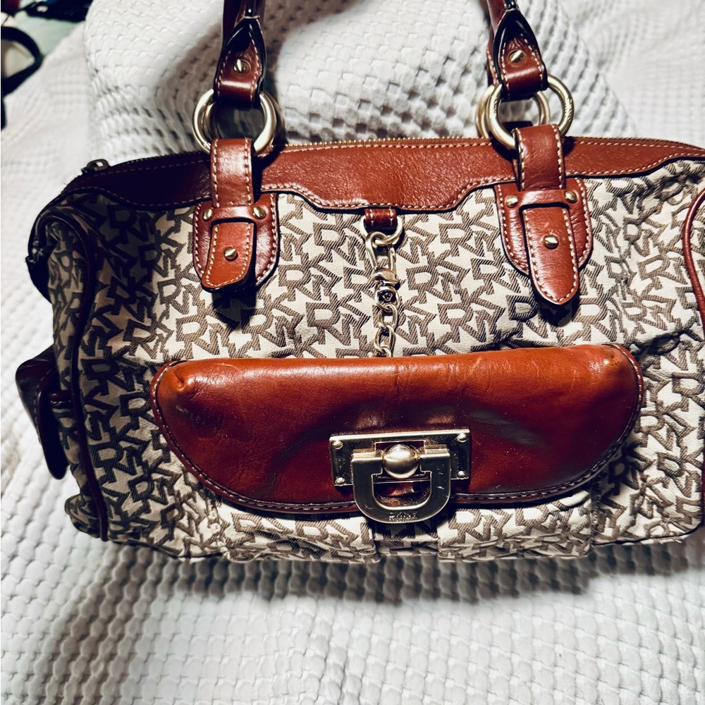 New Ann Klein satchel logo jacquard leather trim large brass hardware